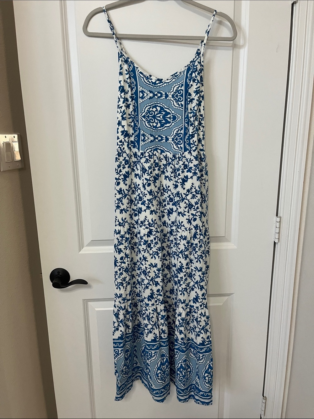 White and Blue Floral Maxi Dress with Spaghetti Straps